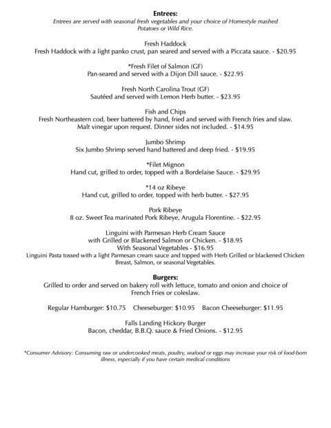 Dinner Menu | The Falls Landing