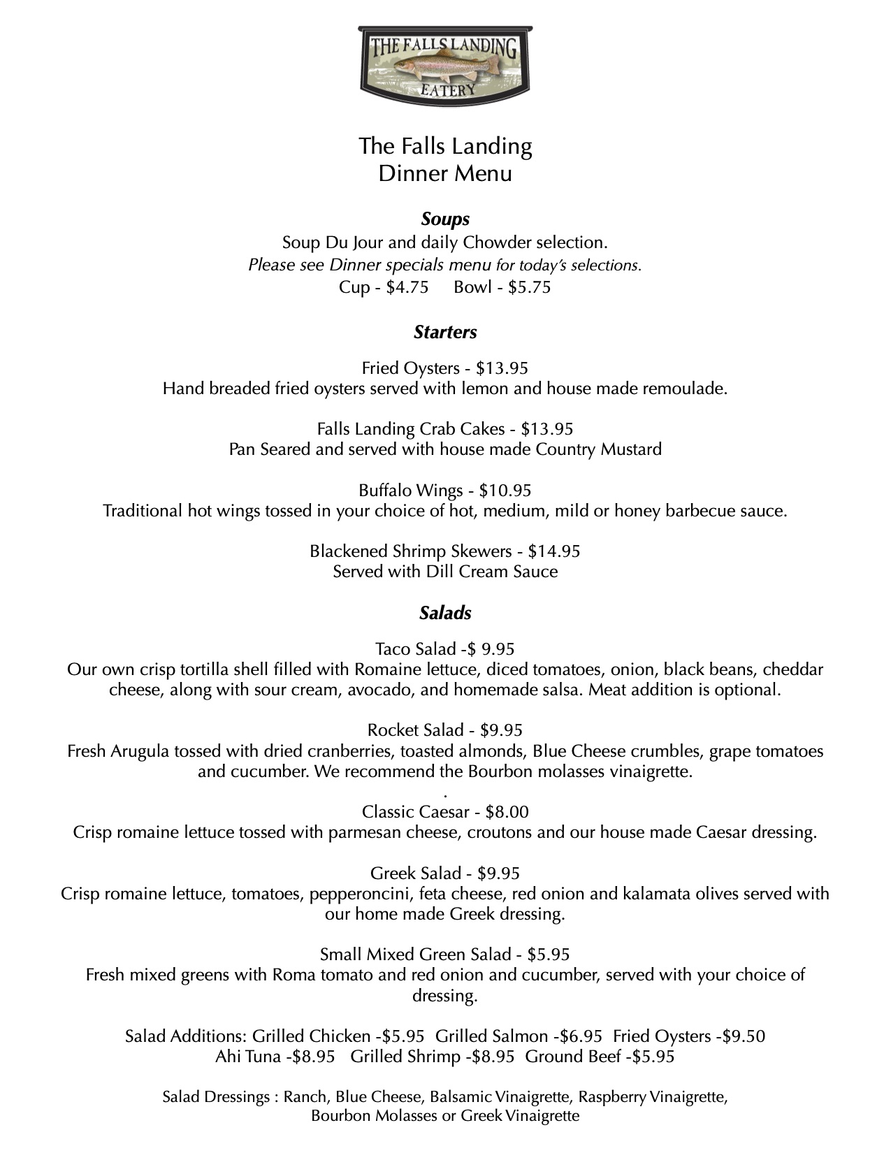 Dinner Menu | The Falls Landing