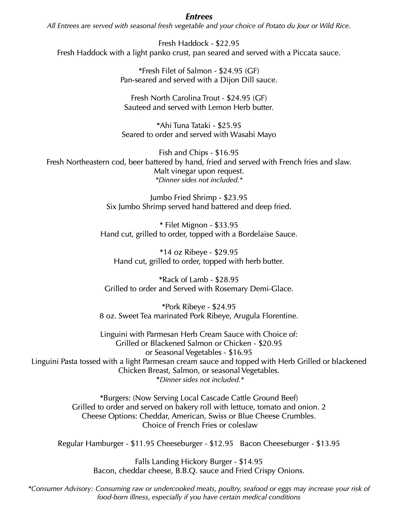 Dinner Menu | The Falls Landing