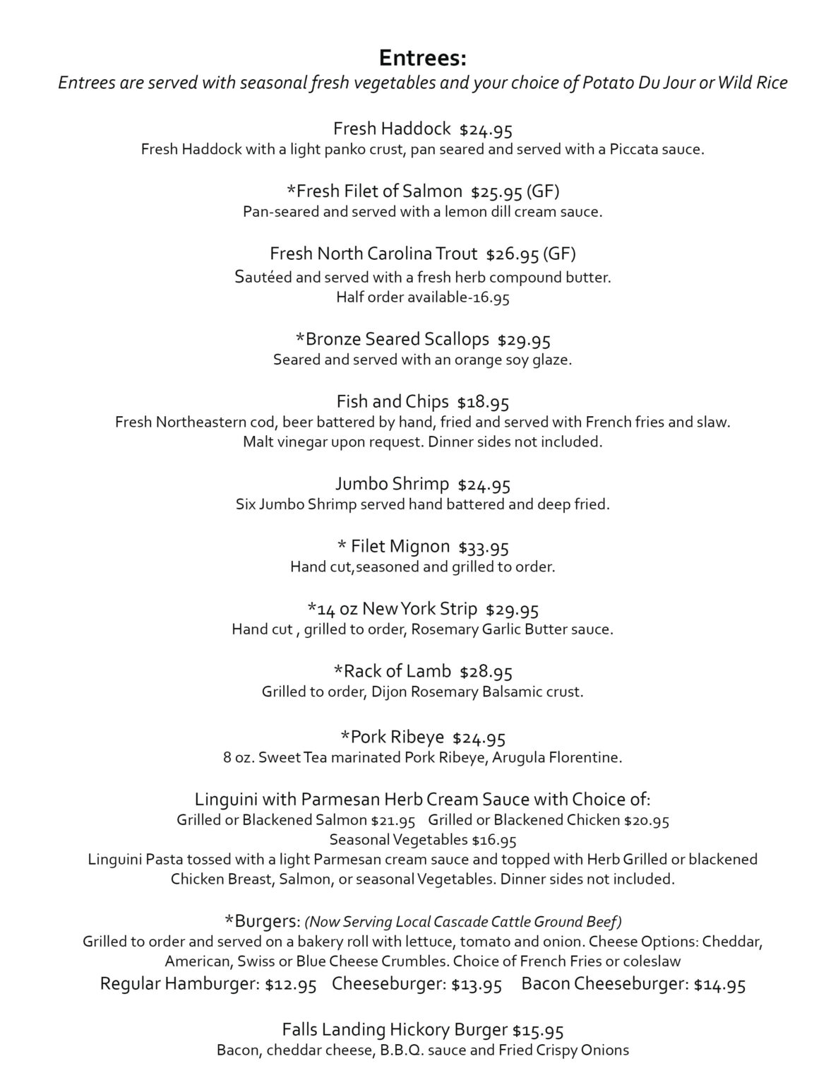 Dinner Menu | The Falls Landing